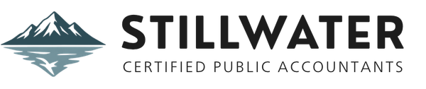 Logo for Stillwater Certified Public Accountants with a graphic of a mountain reflecting in water.