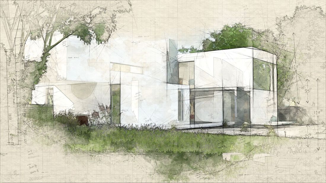 A watercolor-style architectural rendering of a minimalist, white modern house set among trees and greenery.