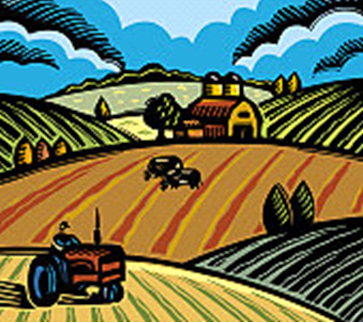 A tractor is plowing a field with a barn in the background.