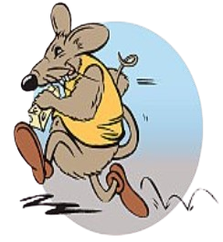 A cartoon mouse is running with a piece of cheese in its mouth.