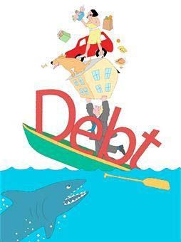 A shark is swimming next to a boat with the word debt on it.