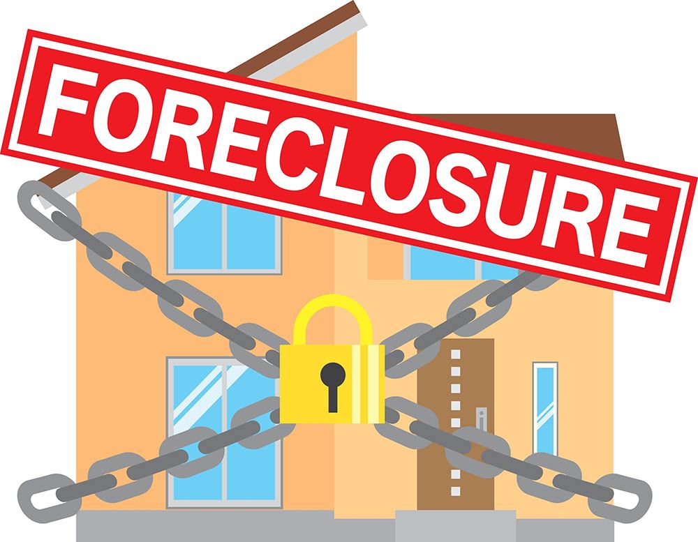 A house is locked with chains and a foreclosure sign.