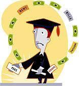 A cartoon of a man in a graduation cap and gown surrounded by money.