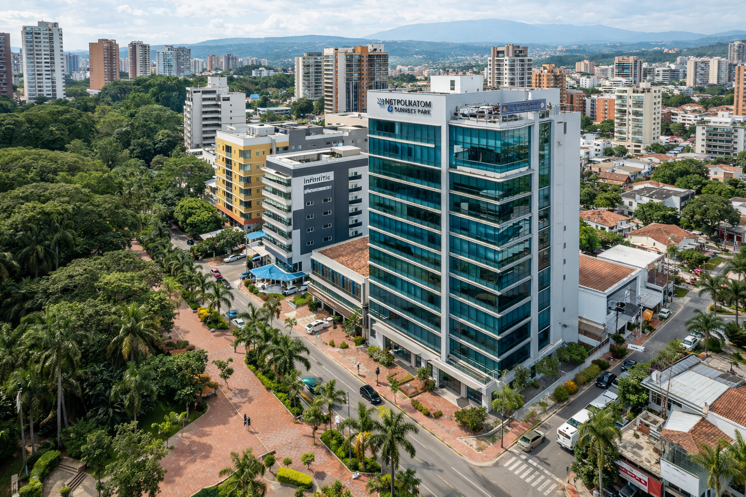 Espacio de oficina moderno con escritorios, sillas, computadoras y una gran ventana con vista al paisaje urbano.