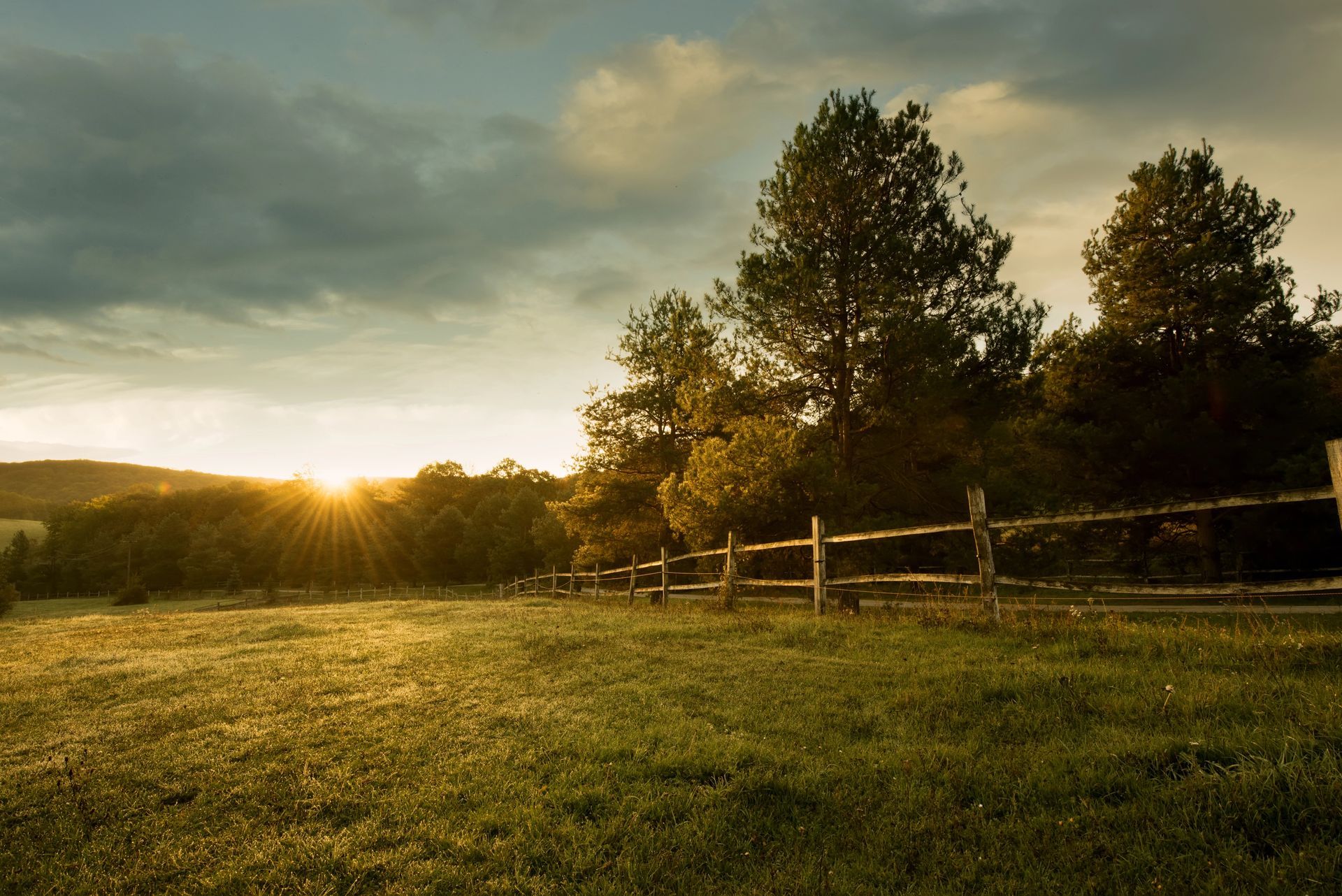 Puesta de sol dorada sobre un campo de hierba con una valla de madera y árboles, con un cielo ligeramente nublado.