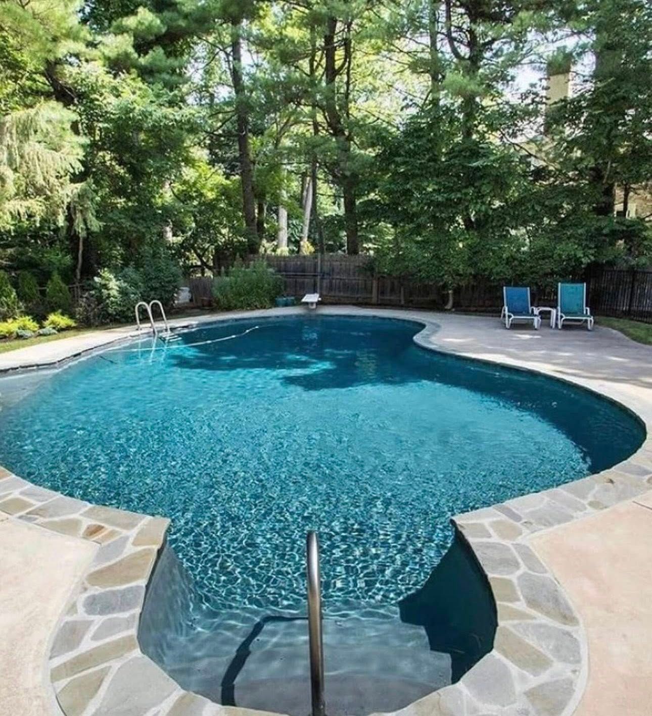 Swimming pool with stone steps, surrounded by a concrete patio and lush trees.