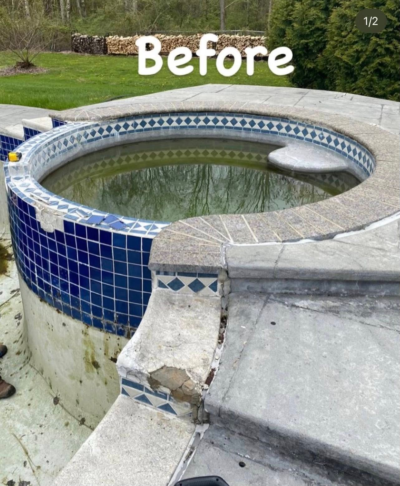 A neglected in-ground hot tub with chipped tiles, algae-covered water, and crumbling concrete surround.