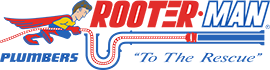 A logo for rooter man plumbers to the rescue