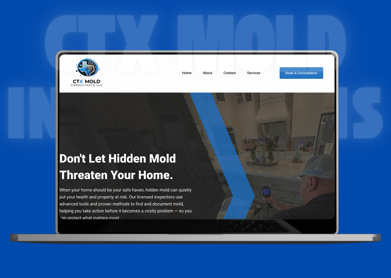A laptop is open to a website that says do n't let hidden mold threaten your home.