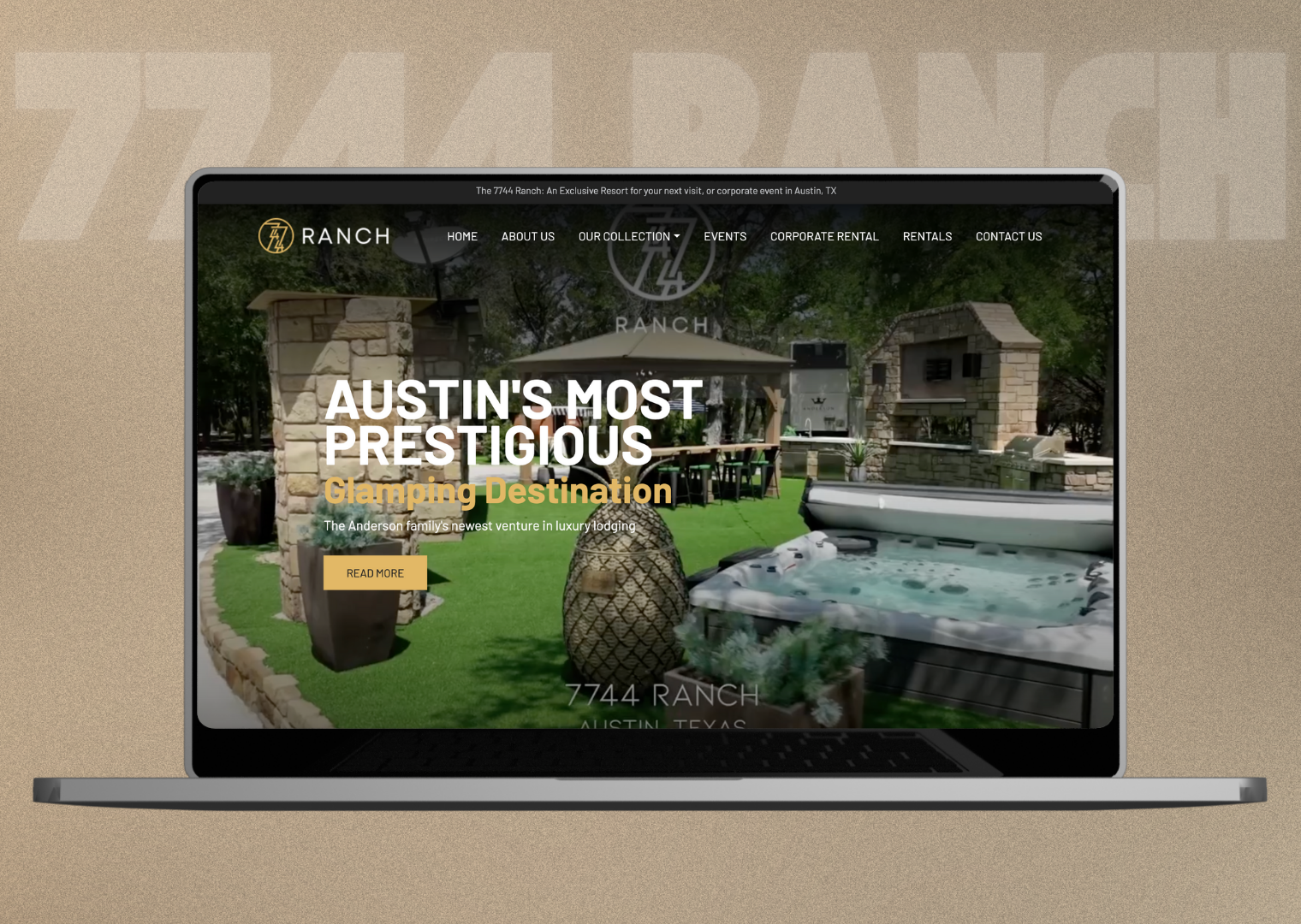 A laptop is open to a website that says austin 's most prestigious