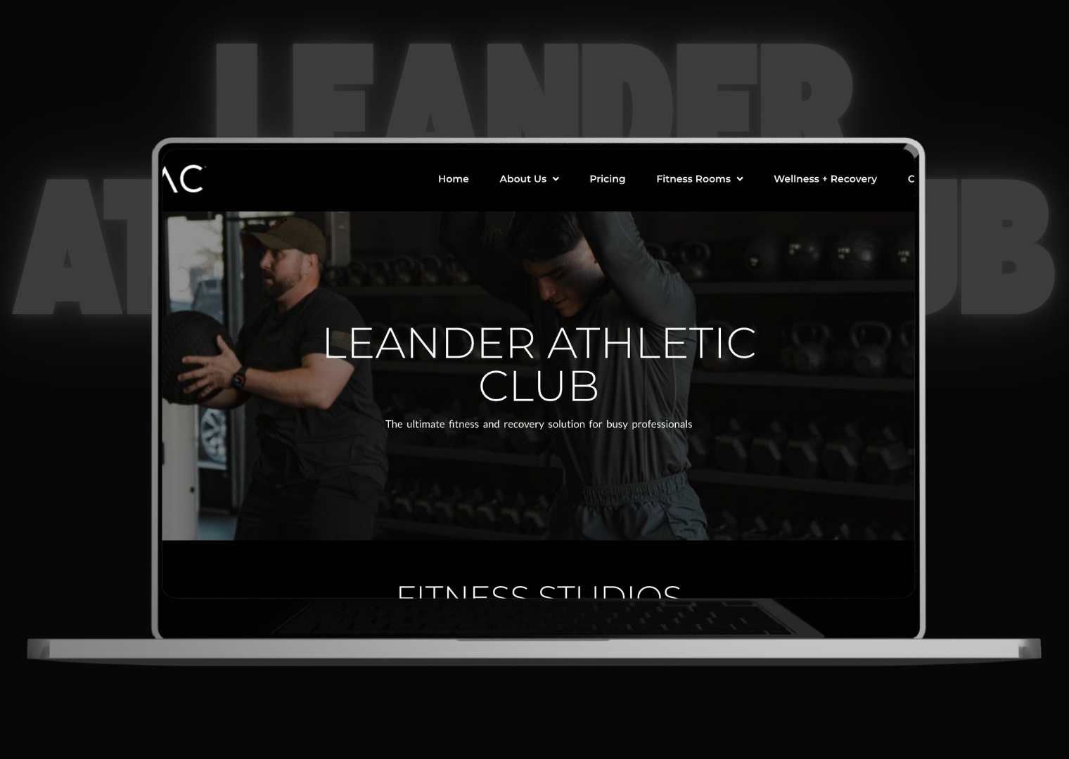 A laptop screen shows the leander athletic club website