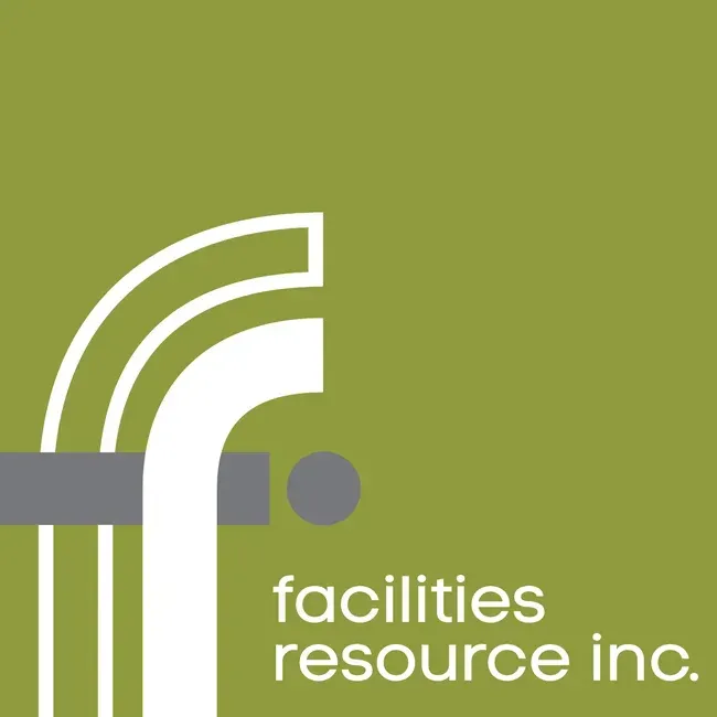 A logo for facilities resource inc. on a green background