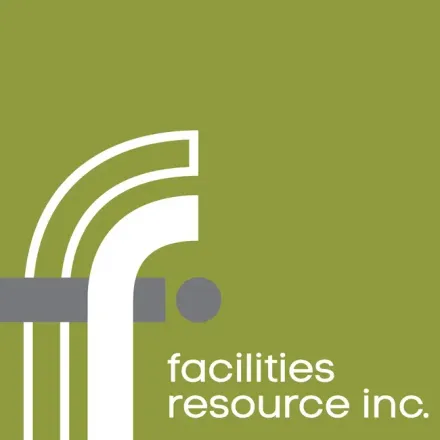 A logo for facilities resource inc. on a green background