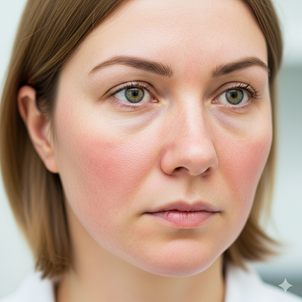 Rötungen und Äderchen auf Wangen und Nase bei Rosazea-Erkrankung