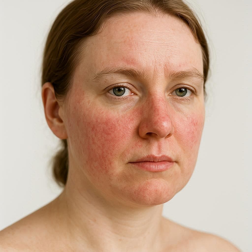 Portrait einer Frau mit sichtbaren Rosazea-Symptomen im Gesicht