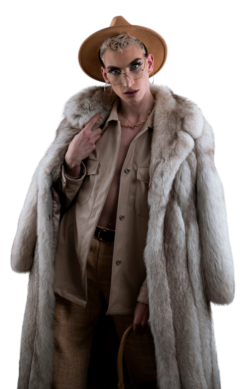 A man wearing a hat and a fur coat is holding a basket.