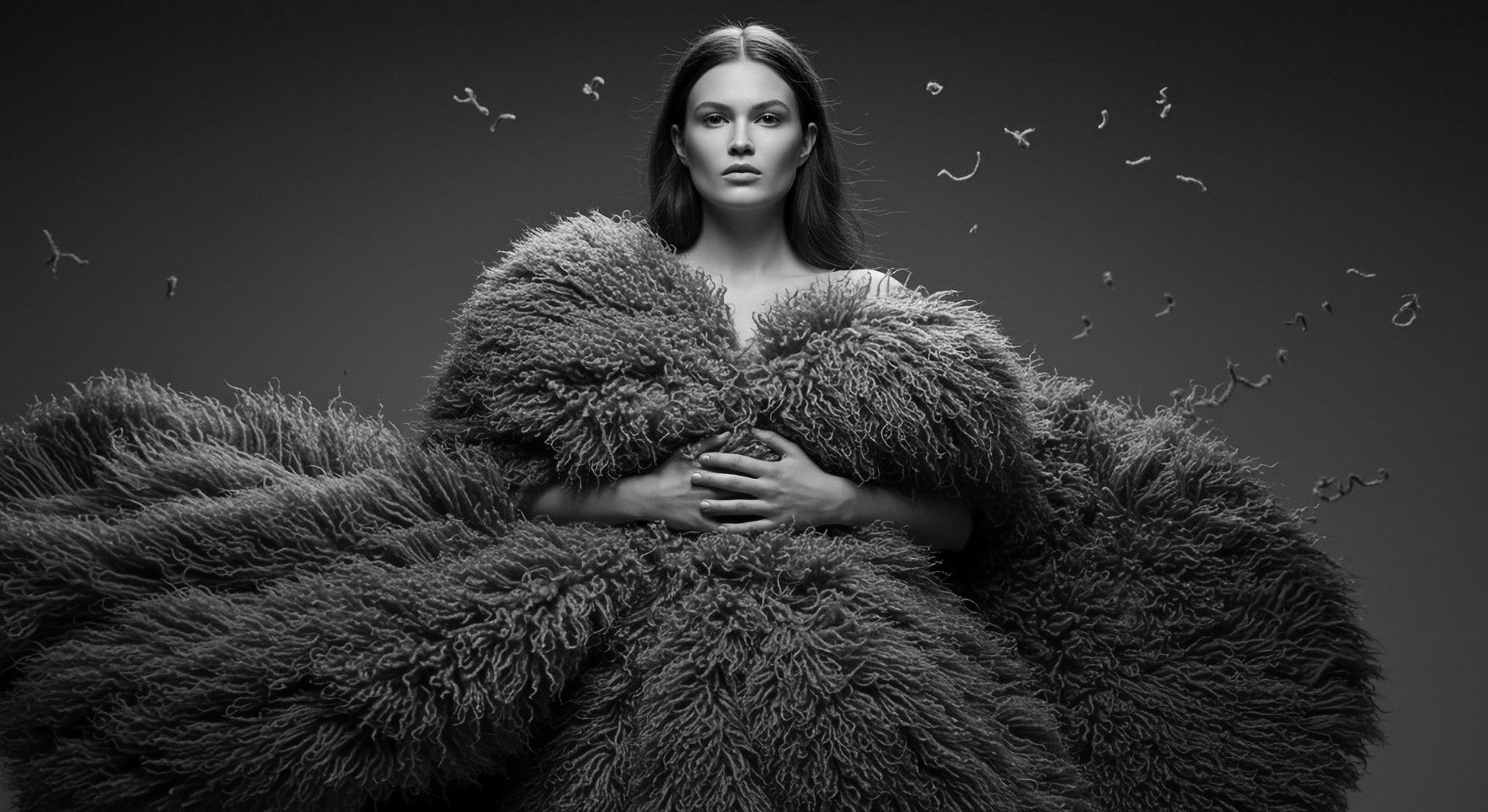 A black and white photo of a woman in a fur coat.