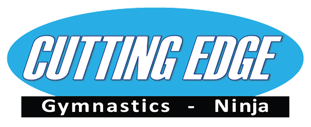 The logo for cutting edge gymnastics - ninja is blue and white.