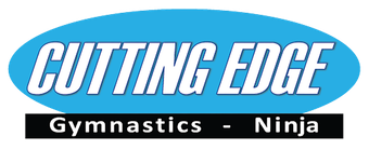 The logo for cutting edge gymnastics - ninja is blue and white.