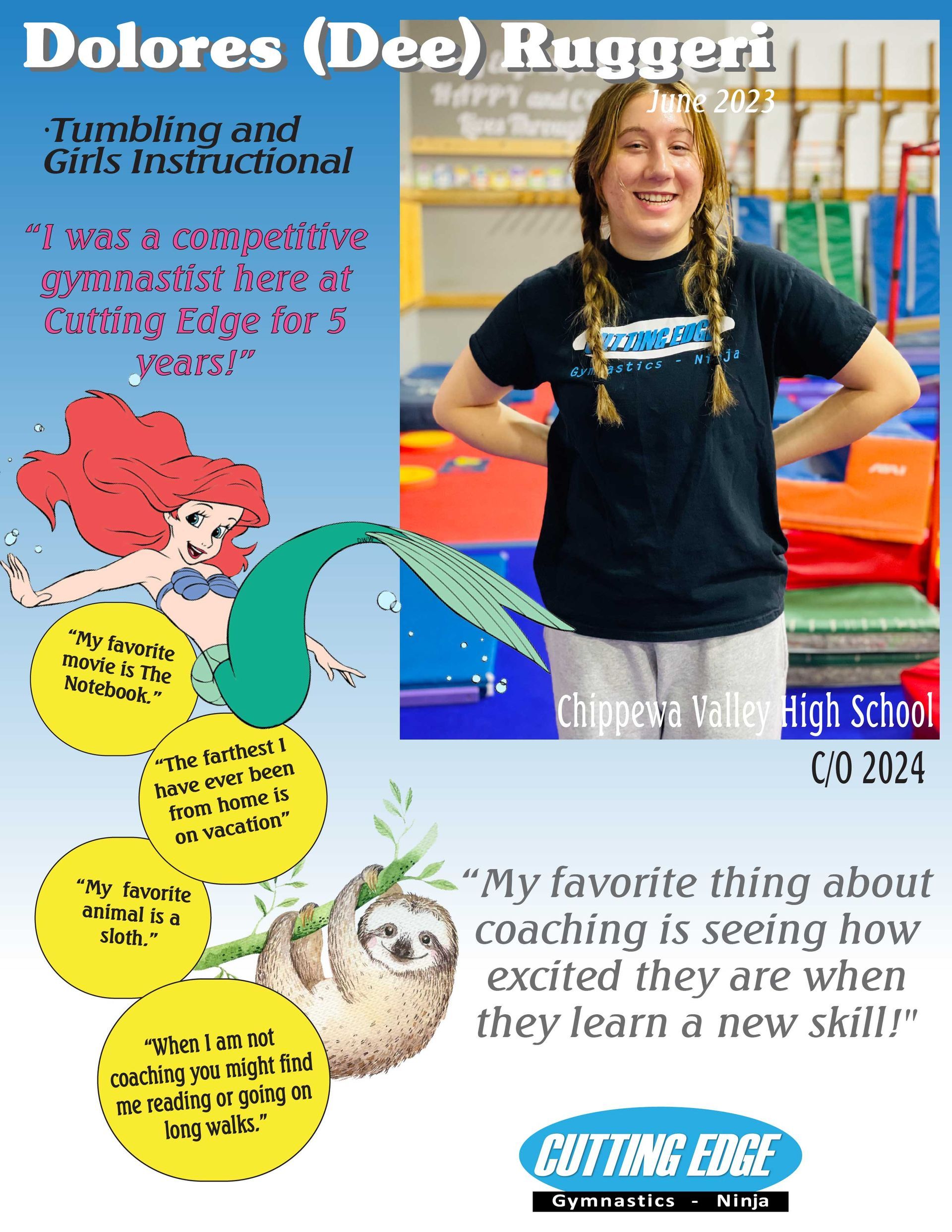 A poster for dolores ( dee ) ruggeri tumbling and girls instructional