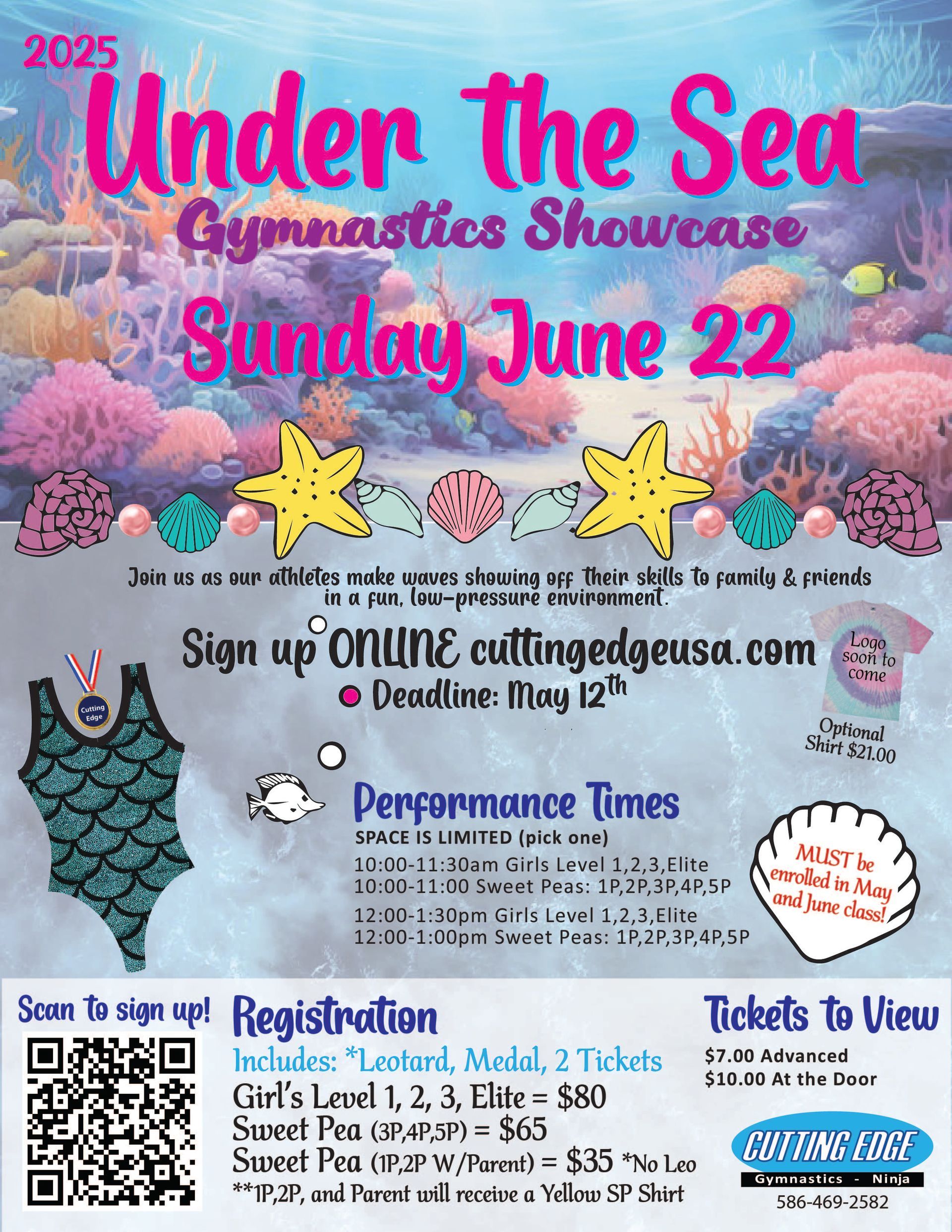 A poster for under the sea gymnastics showcase on sunday june 22