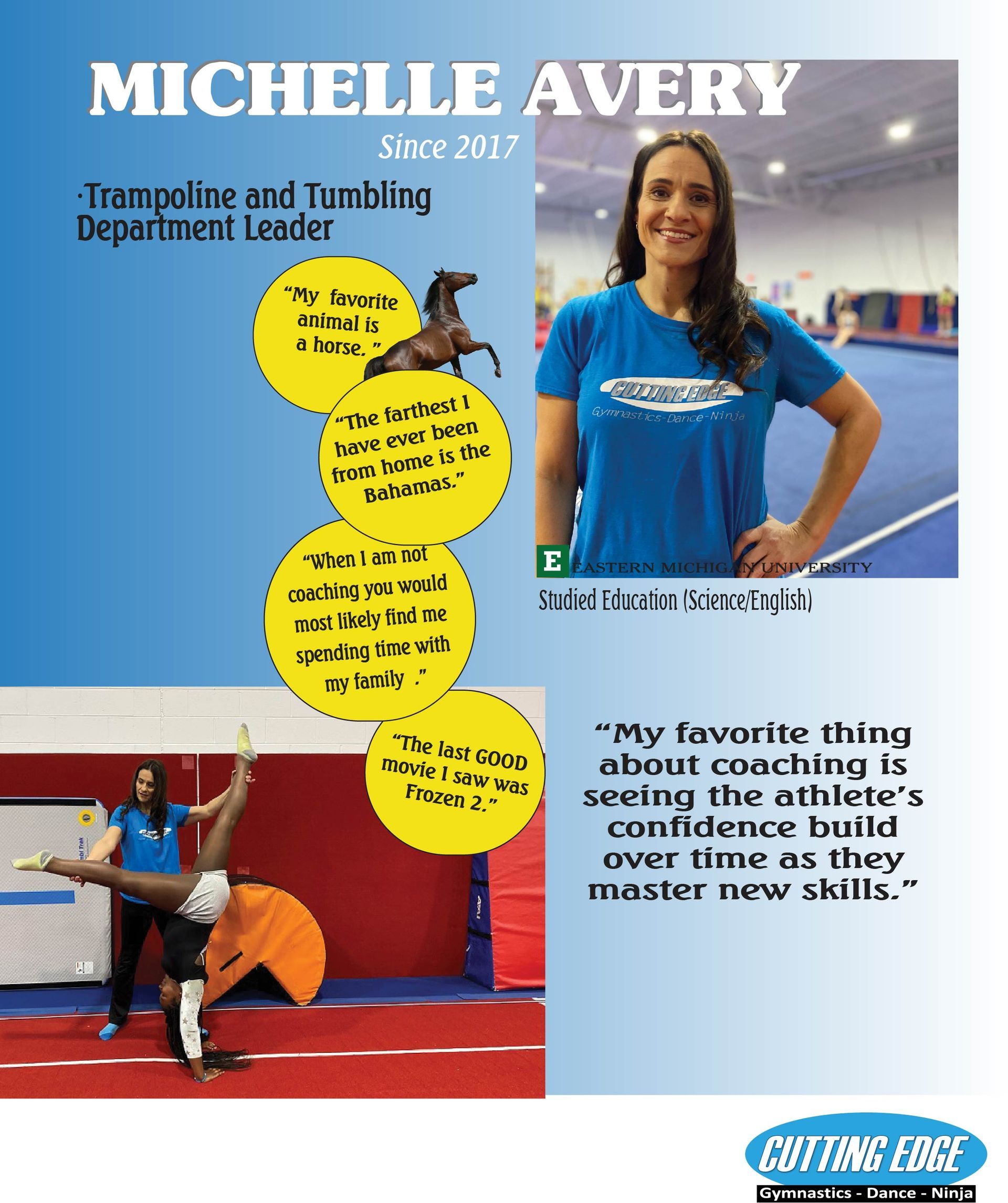 Michelle avery is a trampoline and tumbling instructor