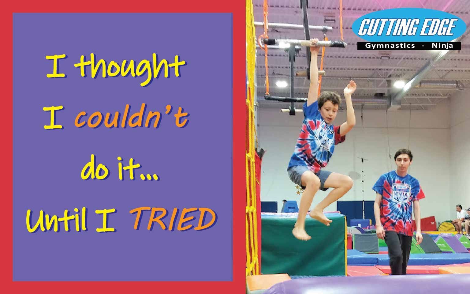 A poster for cutting edge gymnastics shows a boy jumping on a trampoline