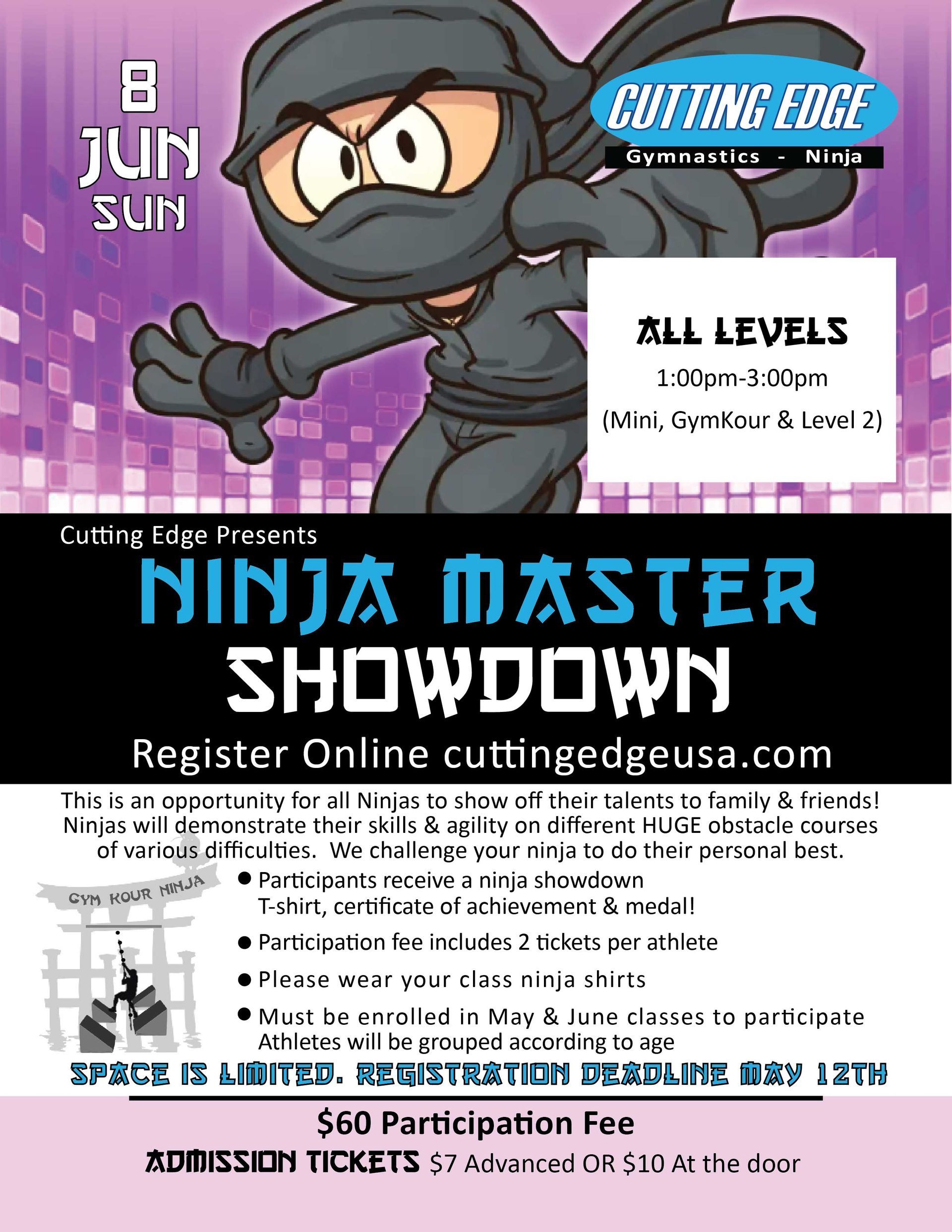An advertisement for a ninja master showdown on june 8th