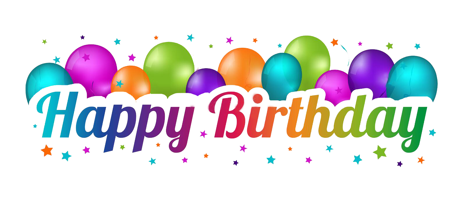 A happy birthday sign with colorful balloons and confetti.