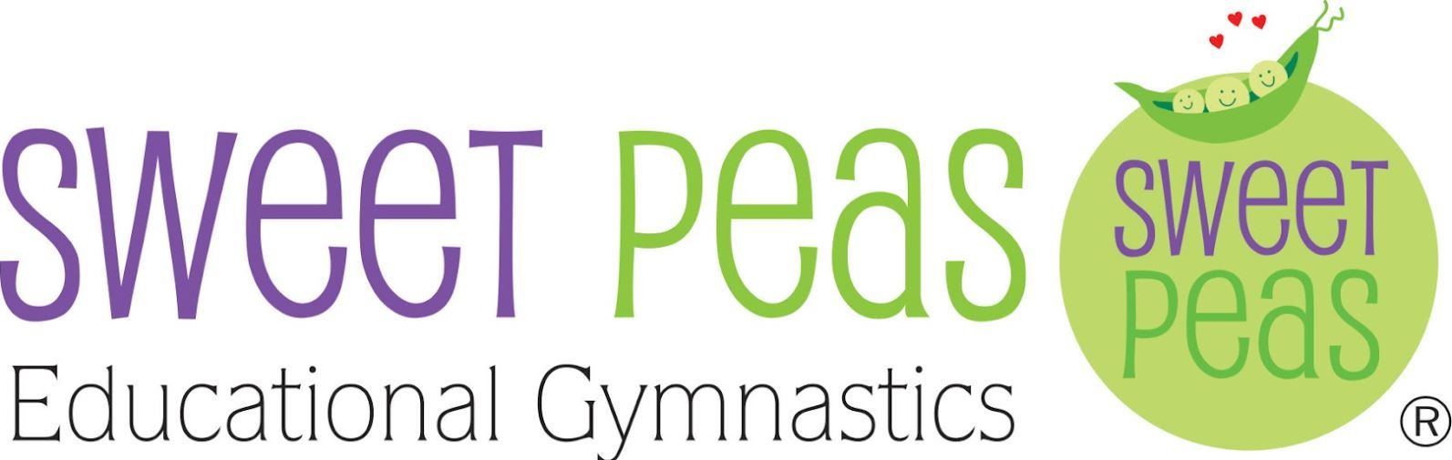 The logo for sweet peas educational gymnastics shows a peas pod with flowers on it.