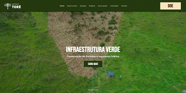 Página inicial do site com paisagem verde e texto 