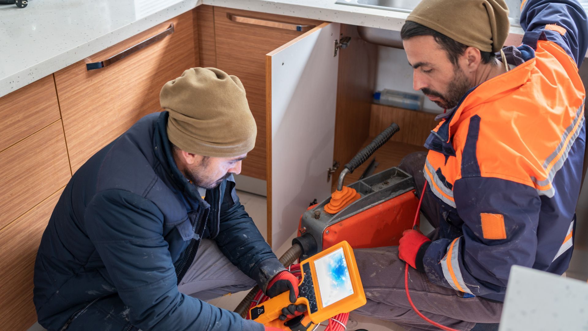 Two men are working on a drain under a sink in a kitchen.