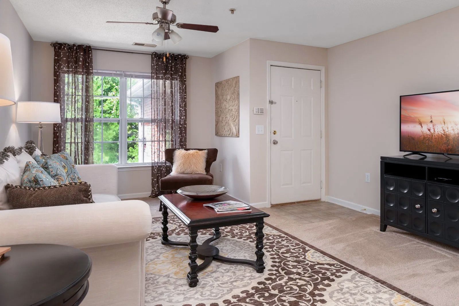 Living room with white sofa, brown furniture, TV, and patterned rug.
