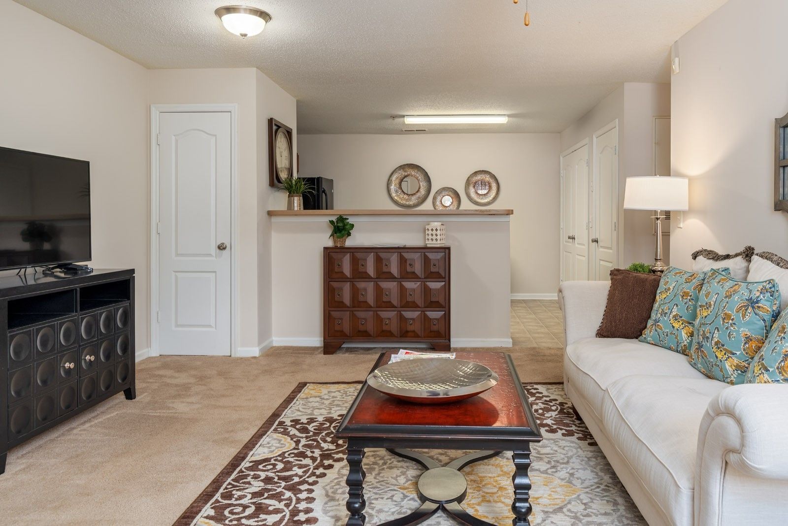 Living room with white sofa, TV, and brown patterned rug.