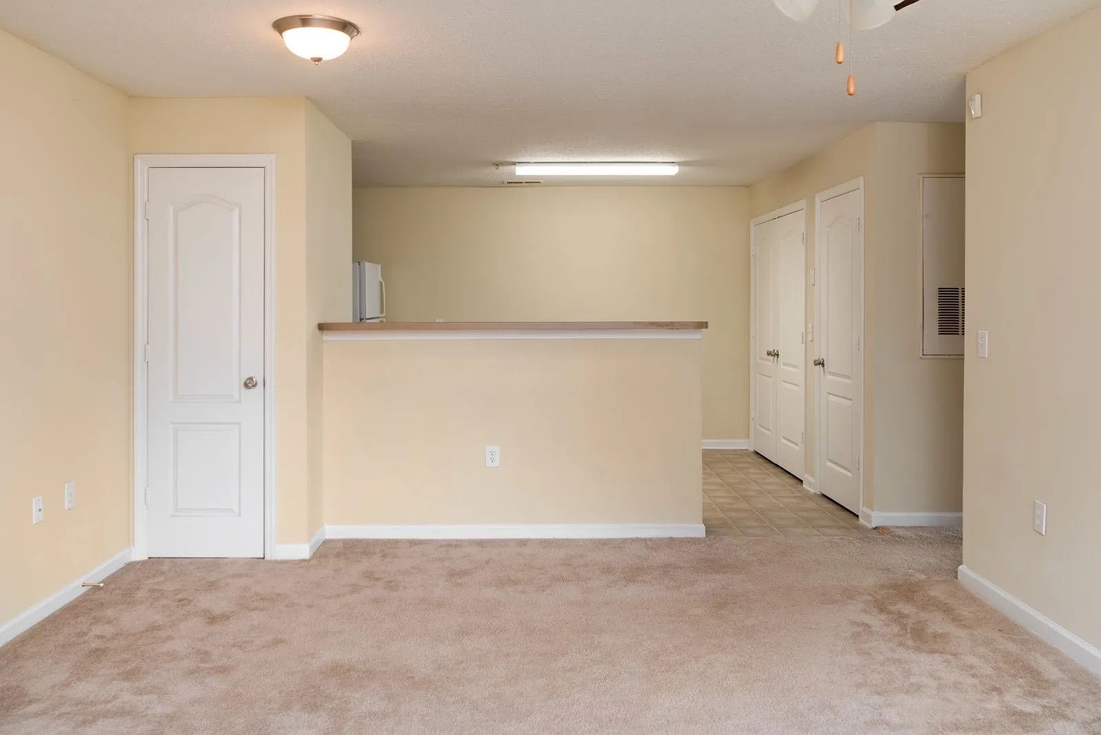 Empty living space with beige walls and carpet, two white doors, and a partial wall.