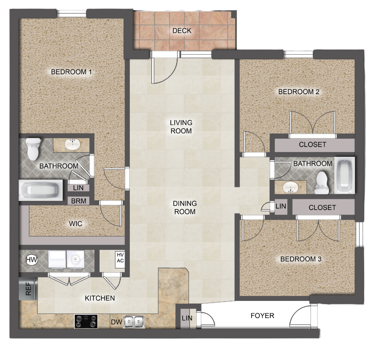 Floor plan of The Tiger's Den: 3 Bed 2 Bath