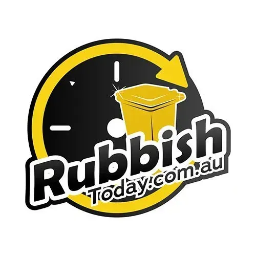 A logo for rubbish today.com.au with a yellow trash can in a circle.