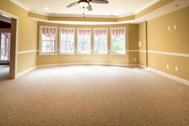 Empty beige living room with carpet, tray ceiling, ceiling fan, and large windows letting in daylight