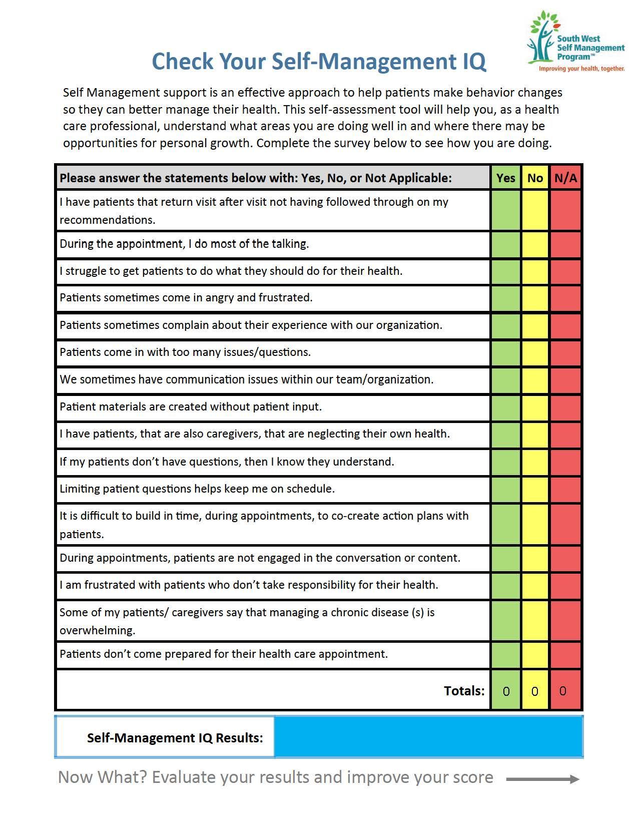 A check your self-management iq worksheet is shown on a white background.