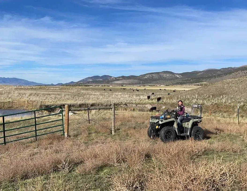 A person is riding an atv in a field next to a fence.