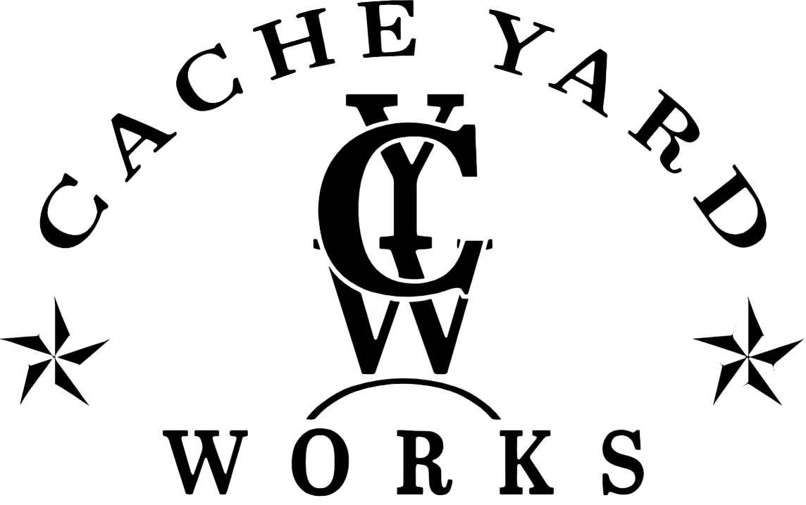 A black and white logo for a company called cache yard works.