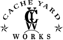 A black and white logo for a company called cache yard works.