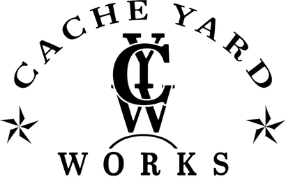 A black and white logo for a company called cache yard works.