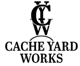 A black and white logo for a company called cache yard works.