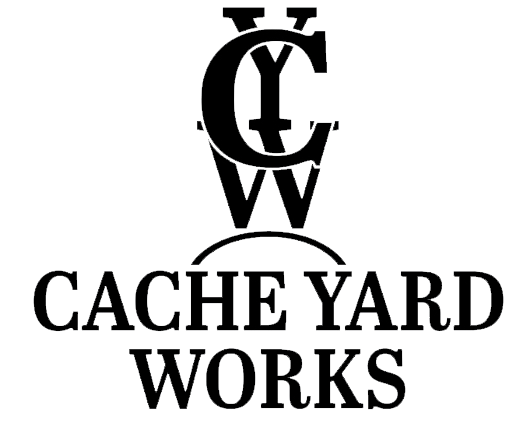 A black and white logo for a company called cache yard works.