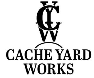 A black and white logo for a company called cache yard works.