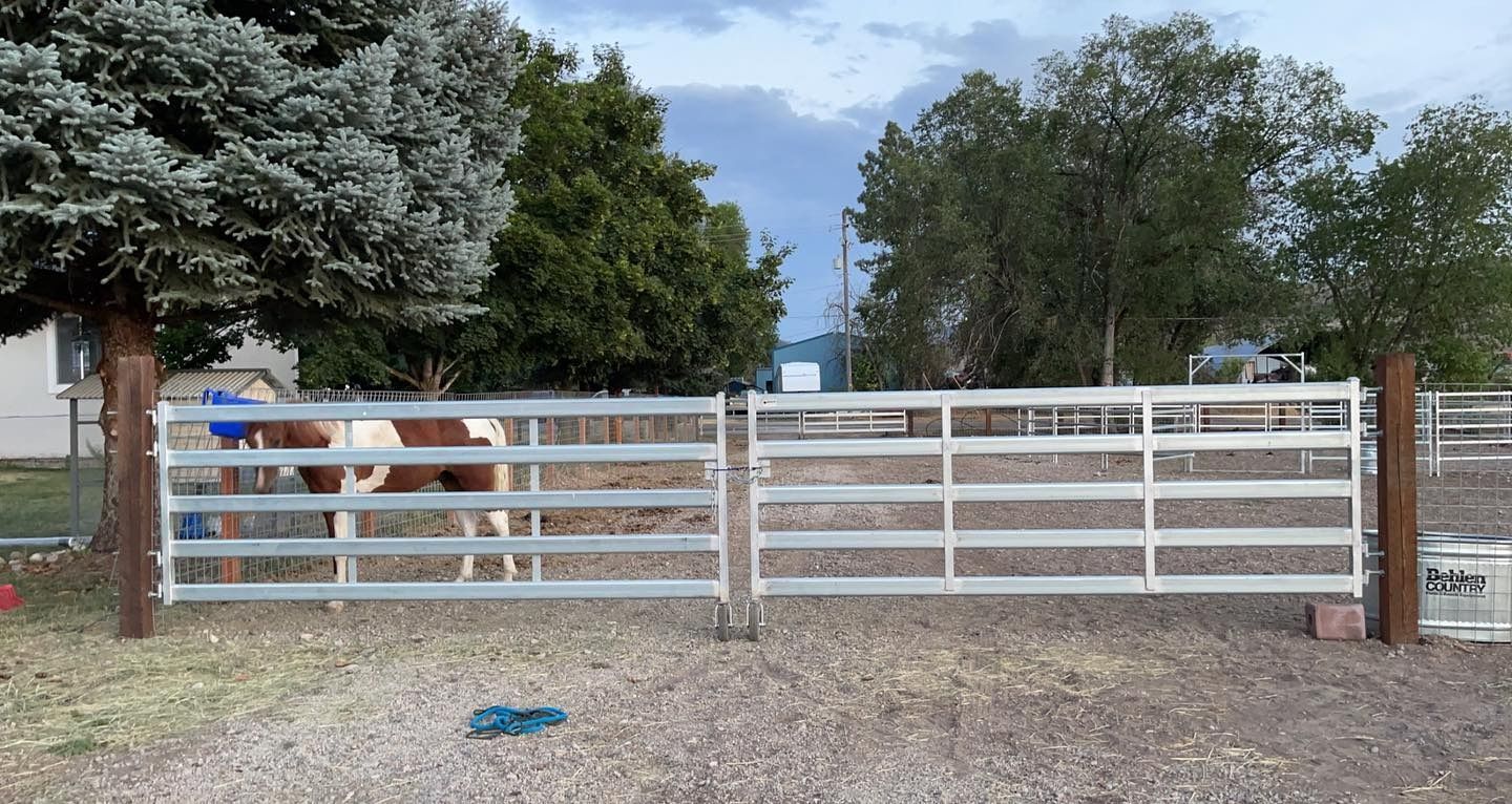 A brown and white horse is standing in a fenced in area behind a gate.