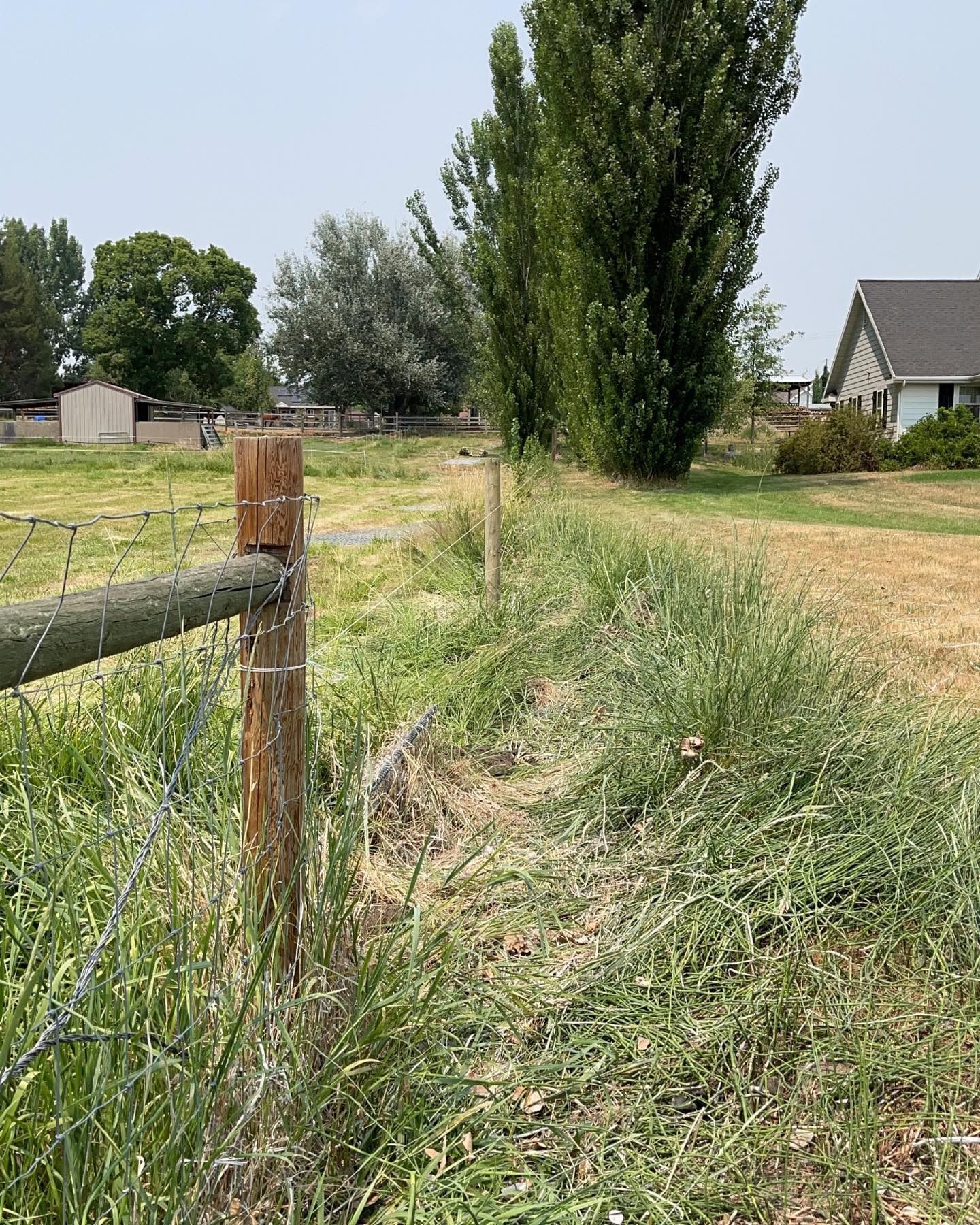 A wooden fence surrounds a grassy field with a house in the background.