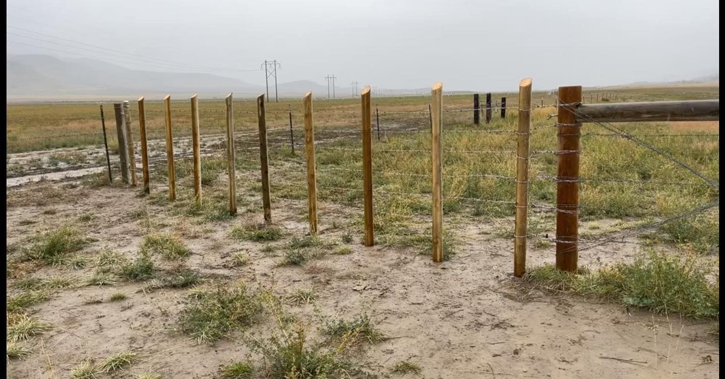 A wooden fence is sitting in the middle of a field.