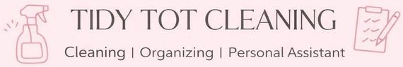 A pink banner for "Tidy Tot Cleaning" with an icon of a spray bottle and a clipboard list, emphasizing cleaning services.